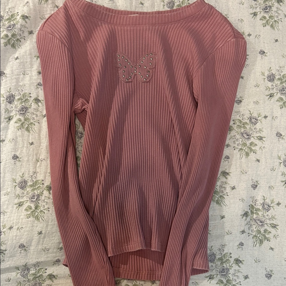 Pink Ribbed Long Sleeve Top with Butterfly Detail